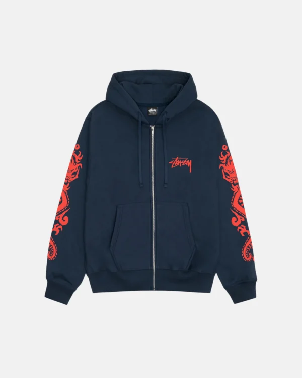 STUSSY DRAGONS ZIP HOODIE NAVY